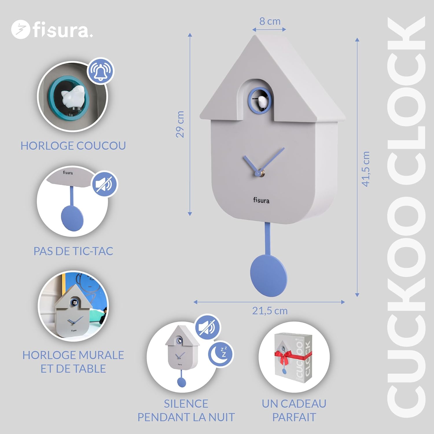 Horloge / Pendule Clock CUCKOO Grise (Fisura) – Image 7