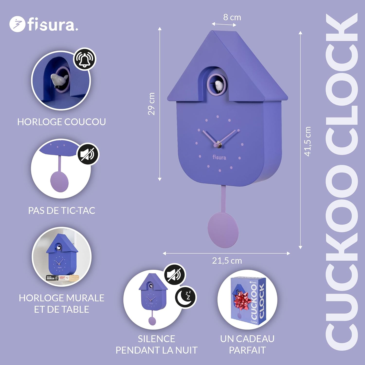 (NOUVEAUTÉ) Horloge / Pendule Clock CUCKOO Violet et Lilas (Fisura) – Image 7