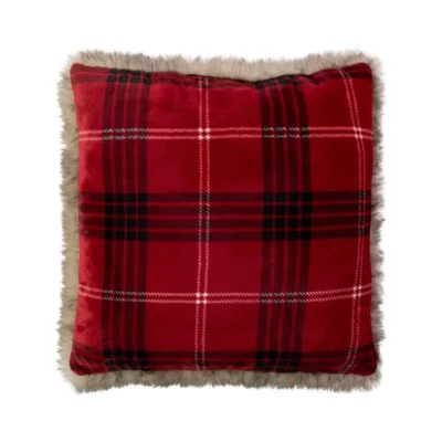Coussin Tartan Rouge & Fausse Fourrure ( 50 x 50 )